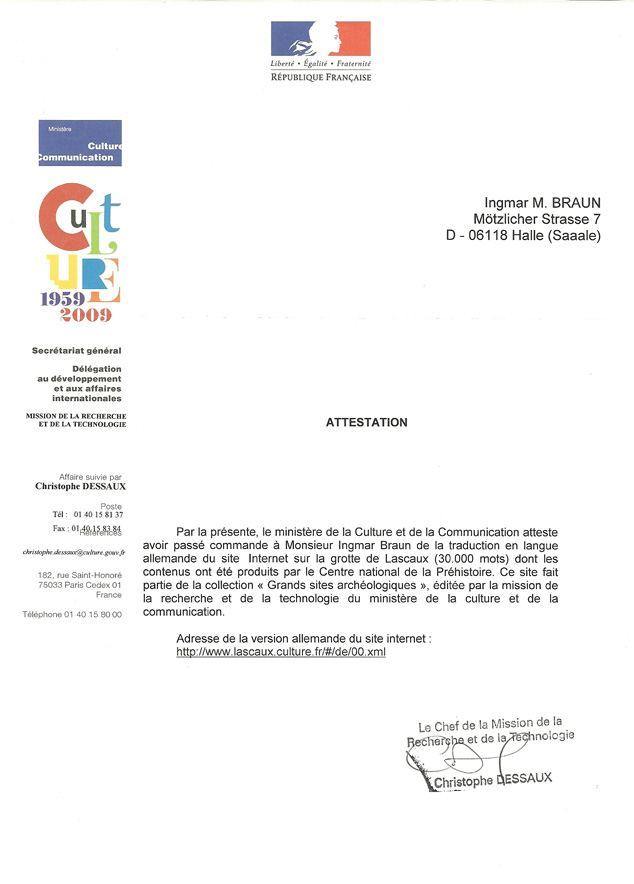 Bestätigung des Ministère de la Culture et Communication für die Übersetzung der Internetseite der Höhle Lascaux von der französischen in die deutsche Sprache.